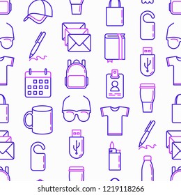 Promotional products seamless pattern with thin line icons: notebook, tote bag, sunglasses, t-shirt, water bottle, pen, backpack, cup, hat, travel mug, usb, lighter, calendar. Vector illustration.