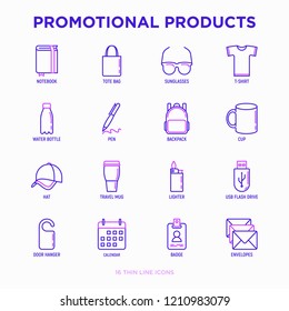 Promotional products thin line icons set: notebook, tote bag, sunglasses, t-shirt, water bottle, pen, backpack, cup, hat, travel mug, usb, lighter, calendar. Modern vector illustration.