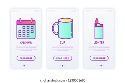 Promotional products thin line icons set: cup, lighter, calendar. Modern vector illustration for user mobile interface.