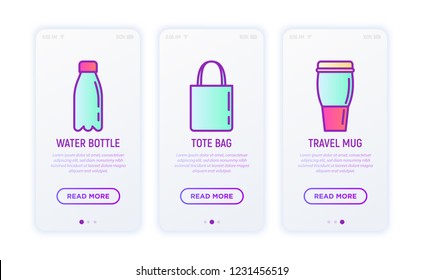 Promotional products thin line icons set: tote bag, water bottle, travel mug. Vector illustration for user mobile interface.