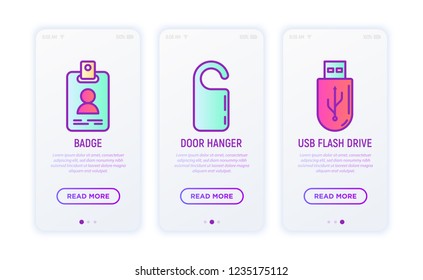Promotional products thin line icons set: badge, door hanger, usb. Vector illustration for user mobile interface.