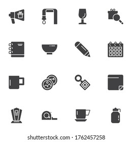 Promotional products vector icons set, modern solid symbol collection, filled style pictogram pack. Signs, logo illustration. Set includes icons as advertising bullhorn, gift box, calendar, notebook