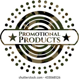 Promotional Products written on a camo texture
