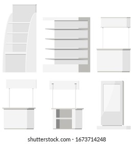 Conjunto de rack promocional: vista frontal y posterior aislada en fondo blanco. Ilustración vectorial en blanco del stand de venta. Diseño plano de caricatura estilo barra con imagen de banner, lugar para el logo. 