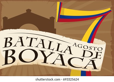 Promotional retro poster with Boyaca Bridge silhouette and greeting scroll with reminder date for Boyaca's Battle celebration (written in Spanish).