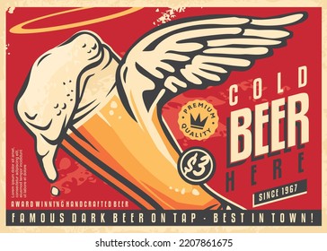 Promotional retro poster for cold beer on tap. Vintage advertisement with beer glass and angel wings. Vector decoration for pub or cafe bar.