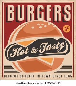 Promotional retro poster design with hot, tasty, delicious hamburger. Biggest burgers in town since 1964, creative unique concept. Vintage style sign background.