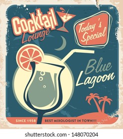 Promotional retro poster design for one of the most popular cocktails Blue Lagoon. Food and drink concept on scratched old textured paper.