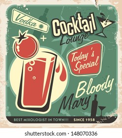 Promotional retro poster design for one of the most popular cocktails Bloody Mary. Food and drink concept on scratched old textured paper.