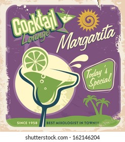 Promotional retro poster design for one of the most popular cocktails Margarita. Food and drink concept on scratched old textured paper. 