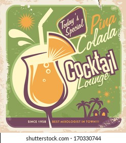 Promotional retro poster design for one of the most popular cocktails Pina Colada. Food and drink concept on scratched old textured paper. 