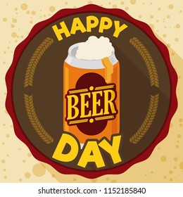 Promotional round label with delicious frothy beer in a can and greeting to celebrate Beer Day in flat style and long shadow.