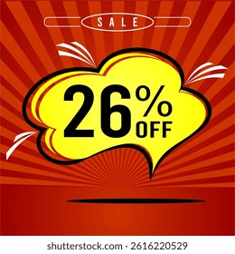 Promotional sale balloon 26% discount in red and yellow colors.
