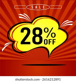 Promotional sale balloon 28% discount in red and yellow colors.