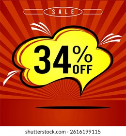 Promotional sale balloon 34% discount in red and yellow colors.