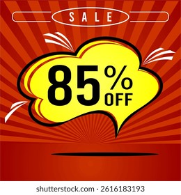 Promotional sale balloon 85% discount in red and yellow colors.
