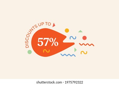 Promotional sale banner discount up to 57% vector design. Enjoy Special offer template promotion sale tag for seasonal shopping discount promo advertisement. Vector illustration