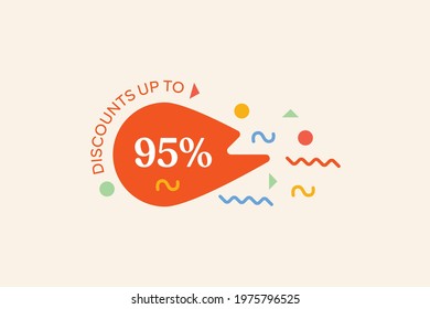 Promotional sale banner discount up to 95% vector design. Enjoy Special offer template promotion sale tag for seasonal shopping discount promo advertisement. Vector illustration