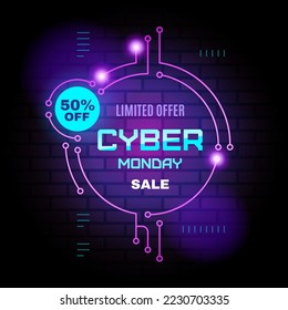 Promotional sale banner template design with printed circuit board pattern. Cyber monday sale