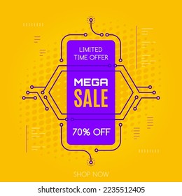 Promotional sale banner template design with printed circuit board pattern. Mega sale