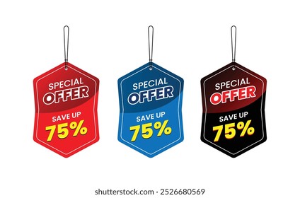 Promotion-Verkauf Etiketten besten Angebote Aufkleber Bundle, Special Offer bis zu 75% Rabatt, Dangler Vector Vorlage Design, Vektorgrafik. Rot, blau und Dangler.