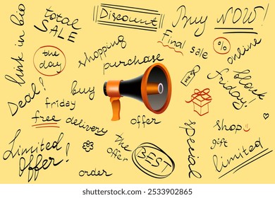 Promotional sale. Megaphone, discount, shopping, hand-drawn text, offer, marketing, limited time, ecommerce, Black Friday, buy now, advertising, deals, special.