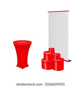 Promotional set color mock-up. Red and white. Blank promotion cocktail table stand, roll-up retractable banner standee, round cylinder two-piece cardboard gift boxes. Mockup. Easy editable template