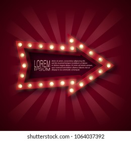 A promotional sign to attract customers. Arrow pointer with light bulbs on the contour, in red and white rays. On a claret background. 10 eps