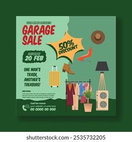 Promocionais modelo de banner de post de mídia social para venda de garagem, banner web venda de pátio, design de post de mercado de pulgas com móveis vintage desenhados à mão, elementos interiores ilustração fundo