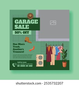 Promocionais modelo de banner de post de mídia social para venda de garagem, banner web venda de pátio, design de post de mercado de pulgas com móveis vintage desenhados à mão, elementos interiores ilustração fundo