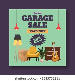 Werbeartikel Social Media Post Banner Vorlage für Garagenverkauf , Garten Verkauf Web-Banner, Flohmarkt Post Design mit handgezeichneten Vintage-Möbeln, Innenausstattung Elemente Illustration Hintergrund