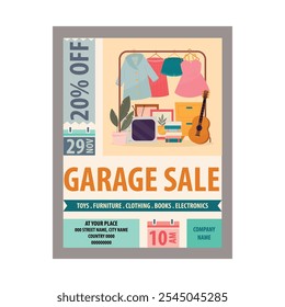 Promotional social media post banner template for garage sale , yard sale web banner, flea market post design with hand drawn vintage furniture, interior elements illustration background