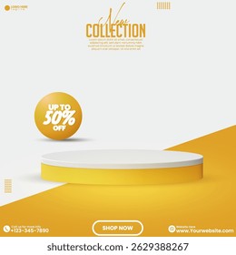 Promotional social media product sale advertisement poster design with a 3D realistic empty podium. Product showcase vector. Minimalist studio backdrop background design template. Product mockup. 