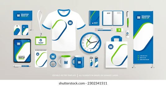 Promotional souvenirs with abstract blue and green Brand Identity design concept. Stationery mock-up template. Brand presentation mock-up. Promotion AD vertical banner design. Editable vector 
