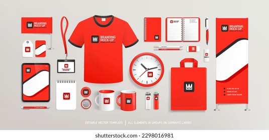 Promotional souvenirs with abstract Red Brand Identity design concept on stationery. Stationery mock-up template. Brand presentation mock-up. Promotion AD vertical banner design. Editable vector 
