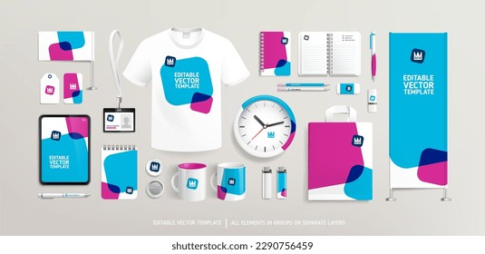 Promotional souvenirs with Brand Identity design concept on stationery. Stationery mock-up template. Brand presentation mock-up set. Promotion AD vertical banner design. Editable vector template 