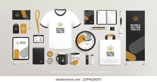 Promotional souvenirs with Brand Identity design with logo concept on stationery. Stationery mock-up template. Corporate style mock-up set. Promotion AD vertical banner. Editable vector template 