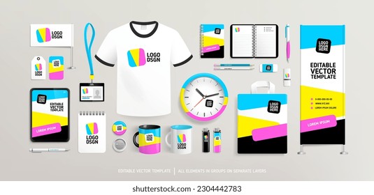 Promotional souvenirs with Brand Identity design concept on stationery. Stationery mock-up template. Brand presentation mock-up set. Promotion AD vertical banner design. Editable vector template 