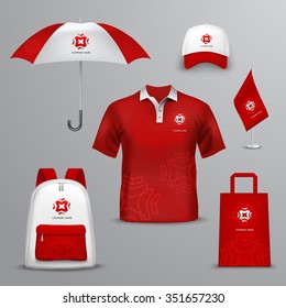 Promotional souvenirs  for company in red and white colors design icons set with elements of clothing and accessories isolated vector illustration