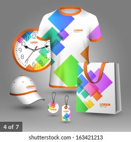 Promotional souvenirs design for company with color square elements. Elements of stationery.