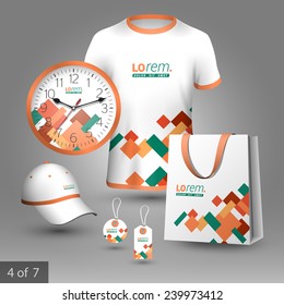 Promotional souvenirs design for company with color square elements. Elements of stationery.