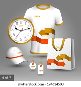 Promotional souvenirs design for company with red and yellow arrows. Elements of stationery.
