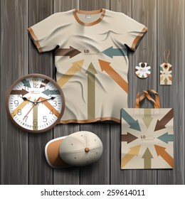 Promotional souvenirs design for corporate identity with color arrows. Stationery set