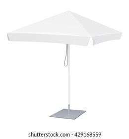 Promotional Square Advertising Outdoor Garden White Umbrella Parasol. Mock Up, Template. Illustration Isolated On White Background. Ready For Your Design. Product Packing. Vector EPS10