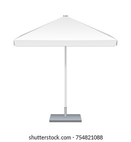 Promotional Square Outdoor Garden White Umbrella Parasol. Front View. Mock Up, Template. Illustration Isolated On White Background. Ready For Your Design. Product Advertising. Vector EPS10