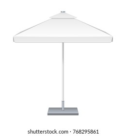 Promotional Square Outdoor Garden White Umbrella Parasol. Front View. Mock Up, Template. Illustration Isolated On White Background. Ready For Your Design. Product Advertising. Vector EPS10