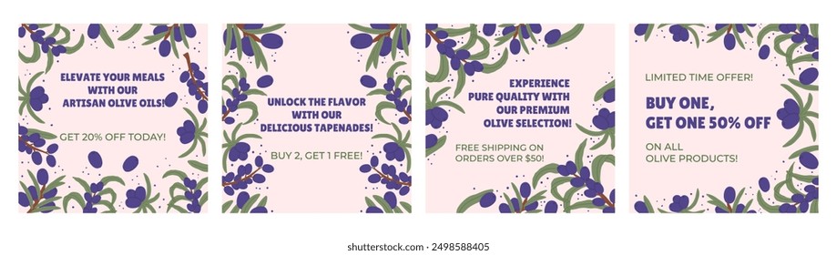 Promotional Square Social Media Post Collection with Purple Olive Branches and Green Leaves. Highlight special offers such as discounts and free shipping, emphasizing premium quality products