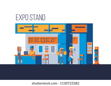 Promotional stands or exhibition stands including display desks shelves and people with products and handout. Expo stand isolated pixel art vector illustration. 