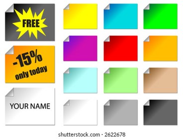 Promotional stickers with different colors and positions.You can easily rotate them. Remove the sample text or use it as it is. Can also be used as visit cards.