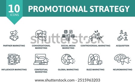 Promotional Strategy thin line icon set. Partner Marketing, Conversational, Social Media, Controversial, Acquisition, Influencer, Contextual, Global Marketing, Buzz Marketing, Neuromarketing icons.